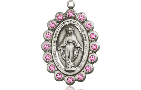 Sterling Silver Miraculous Medal with Rose Swarovski stones