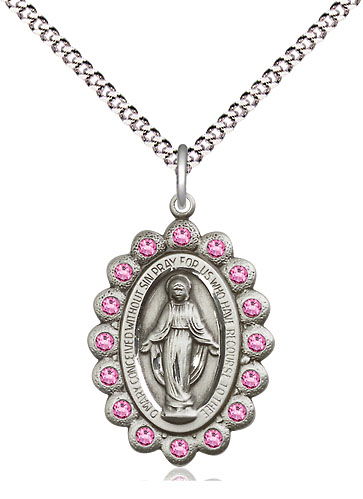 Sterling Silver Miraculous Pendant with Rose Swarovski stones on a 18 inch Light Rhodium Light Curb chain