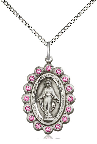 Sterling Silver Miraculous Pendant with Rose Swarovski stones on a 18 inch Sterling Silver Light Curb chain