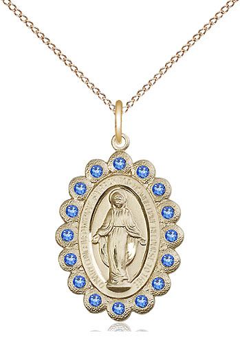 14kt Gold Filled Miraculous Pendant with Sapphire Swarovski stones on a 18 inch Gold Filled Light Curb chain