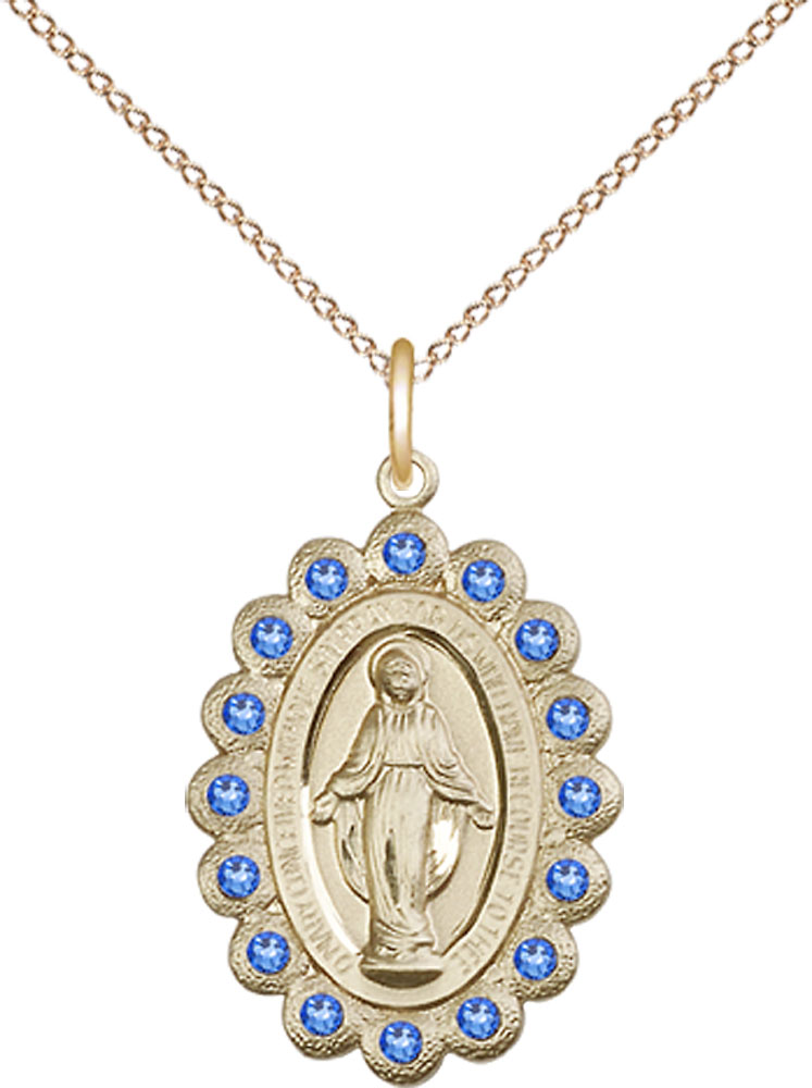 14kt Gold Filled Miraculous Pendant with Sapphire Swarovski stones on a 18 inch Gold Filled Light Curb chain