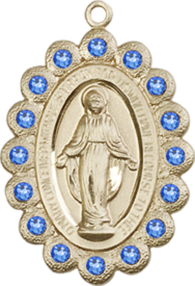 14kt Gold Miraculous Medal with Sapphire Swarovski stones