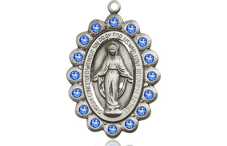 Sterling Silver Miraculous Medal with Sapphire Swarovski stones