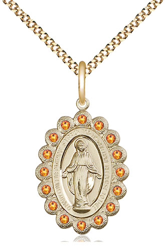 14kt Gold Filled Miraculous Pendant with Topaz Swarovski stones on a 18 inch Gold Plate Light Curb chain