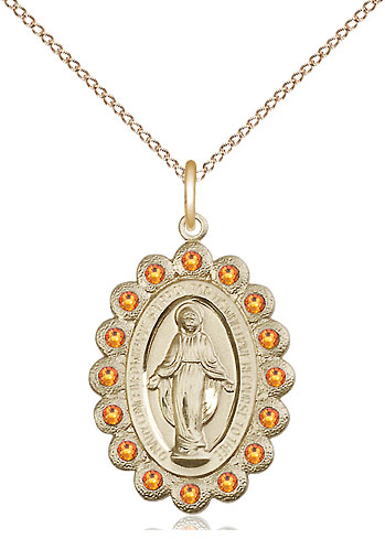 14kt Gold Filled Miraculous Pendant with Topaz Swarovski stones on a 18 inch Gold Filled Light Curb chain