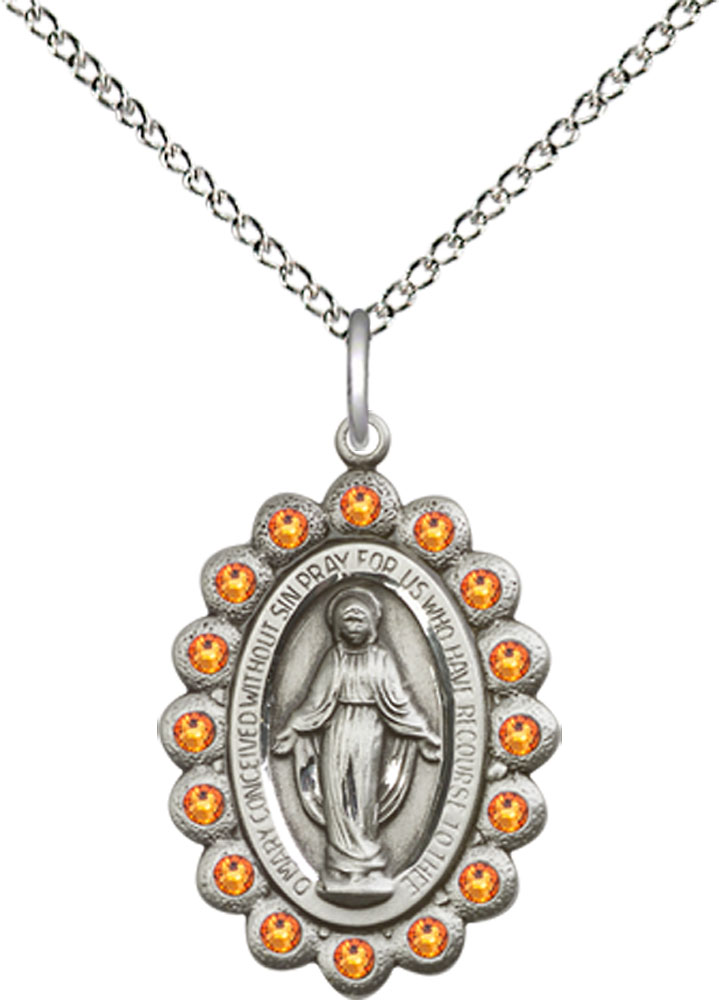 Sterling Silver Miraculous Pendant with Topaz Swarovski stones on a 18 inch Sterling Silver Light Curb chain