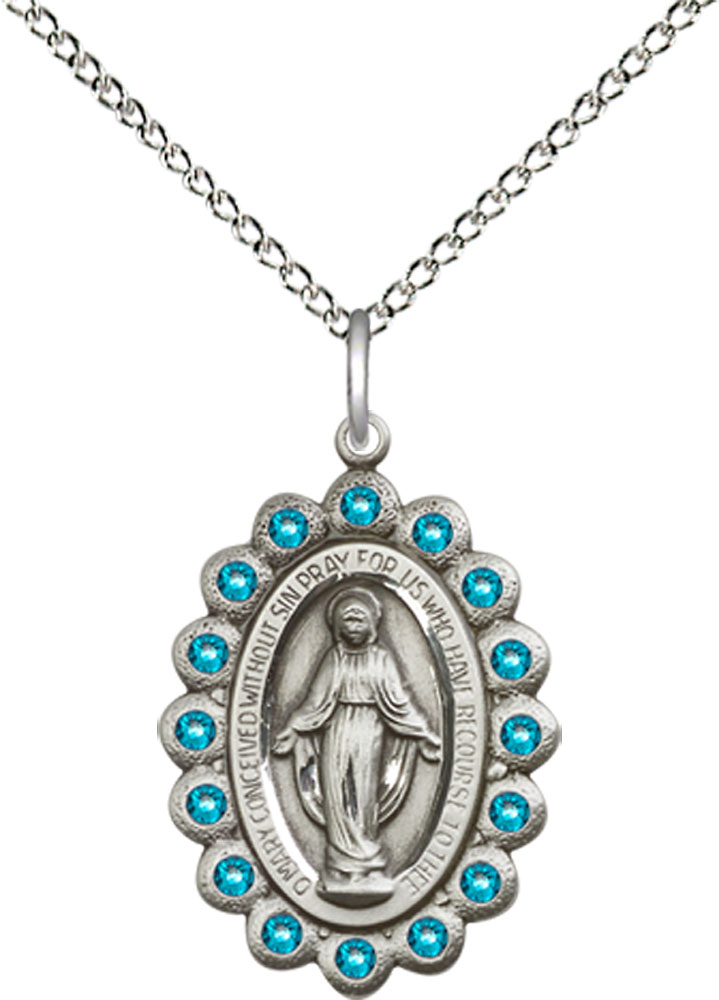 Sterling Silver Miraculous Pendant with Zircon Swarovski stones on a 18 inch Sterling Silver Light Curb chain