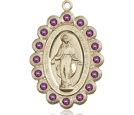 14kt Gold Filled Miraculous Medal with Amethyst Swarovski stones