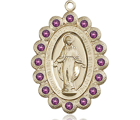 14kt Gold Miraculous Medal with Amethyst Swarovski stones