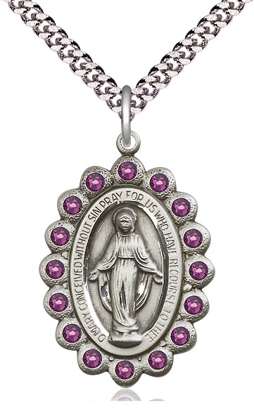 Sterling Silver Miraculous Pendant on a 24 inch Light Rhodium Heavy Curb chain