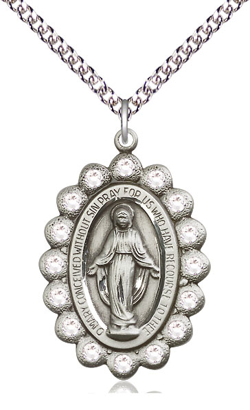 Sterling Silver Miraculous Pendant on a 24 inch Sterling Silver Heavy Curb chain