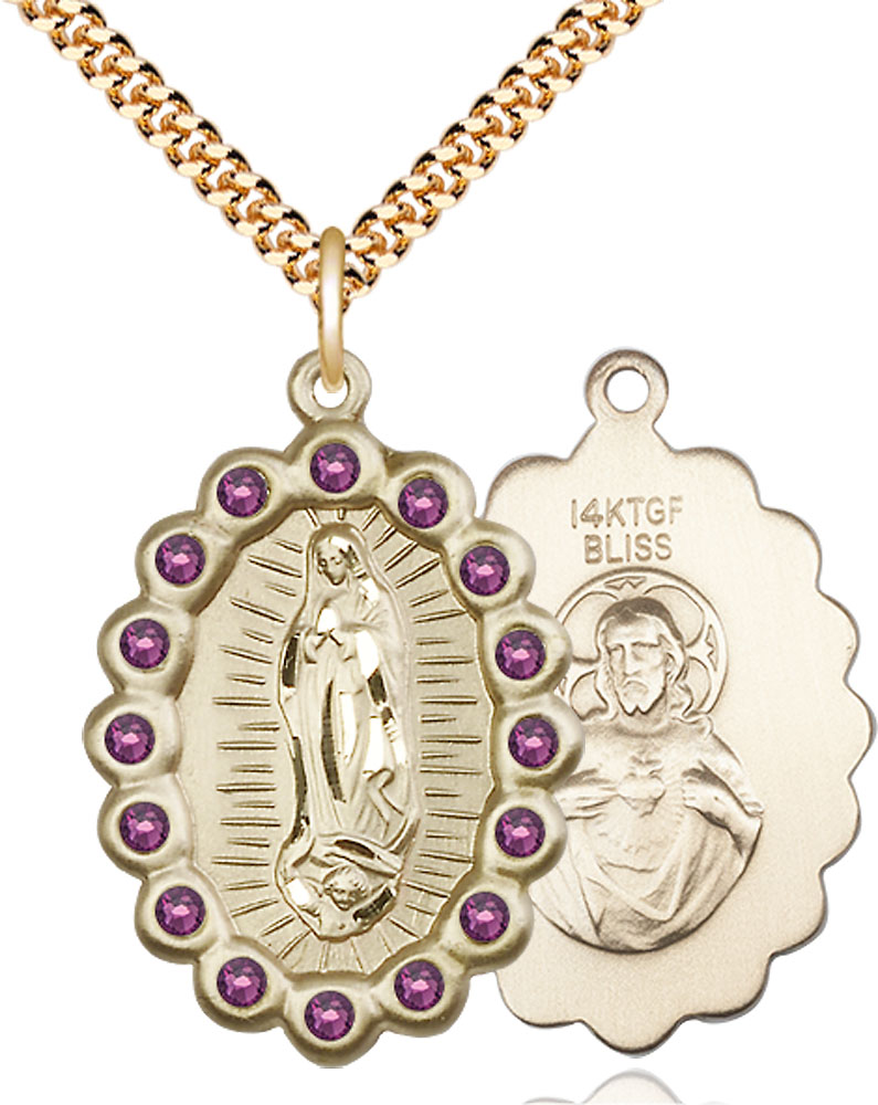 14kt Gold Filled Our Lady of Guadalupe Pendant with Amethyst Swarovski stones on a 24 inch Gold Plate Heavy Curb chain