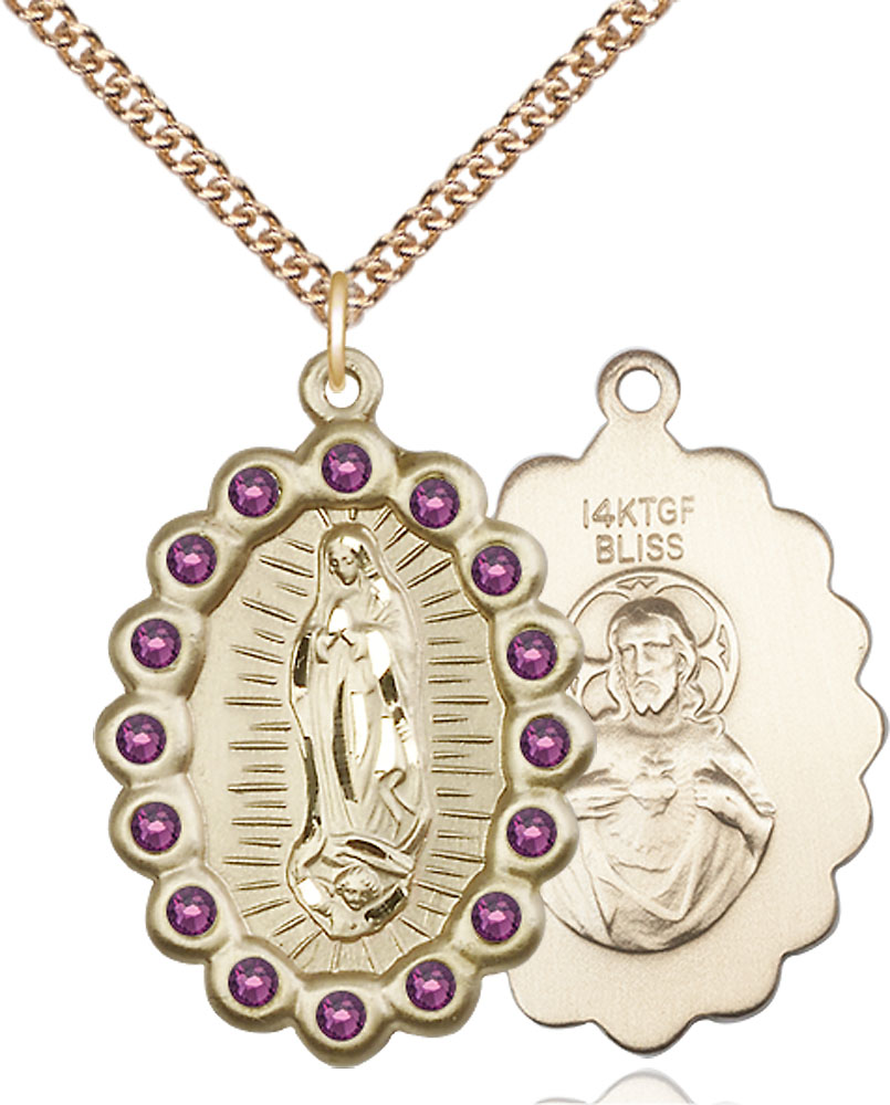 14kt Gold Filled Our Lady of Guadalupe Pendant with Amethyst Swarovski stones on a 24 inch Gold Filled Heavy Curb chain