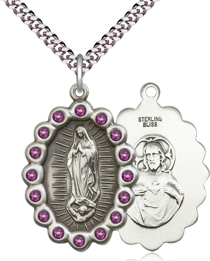 Sterling Silver Our Lady of Guadalupe Pendant with Amethyst Swarovski stones on a 24 inch Light Rhodium Heavy Curb chain