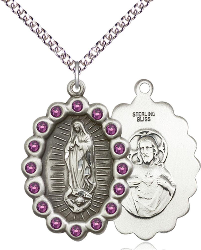 Sterling Silver Our Lady of Guadalupe Pendant with Amethyst Swarovski stones on a 24 inch Sterling Silver Heavy Curb chain