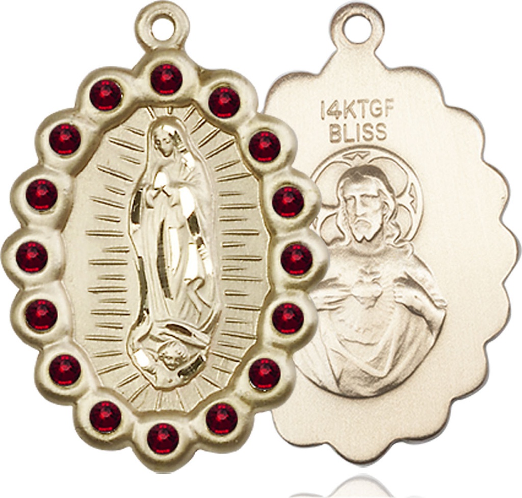 14kt Gold Filled Our Lady of Guadalupe Medal with Garnet Swarovski stones