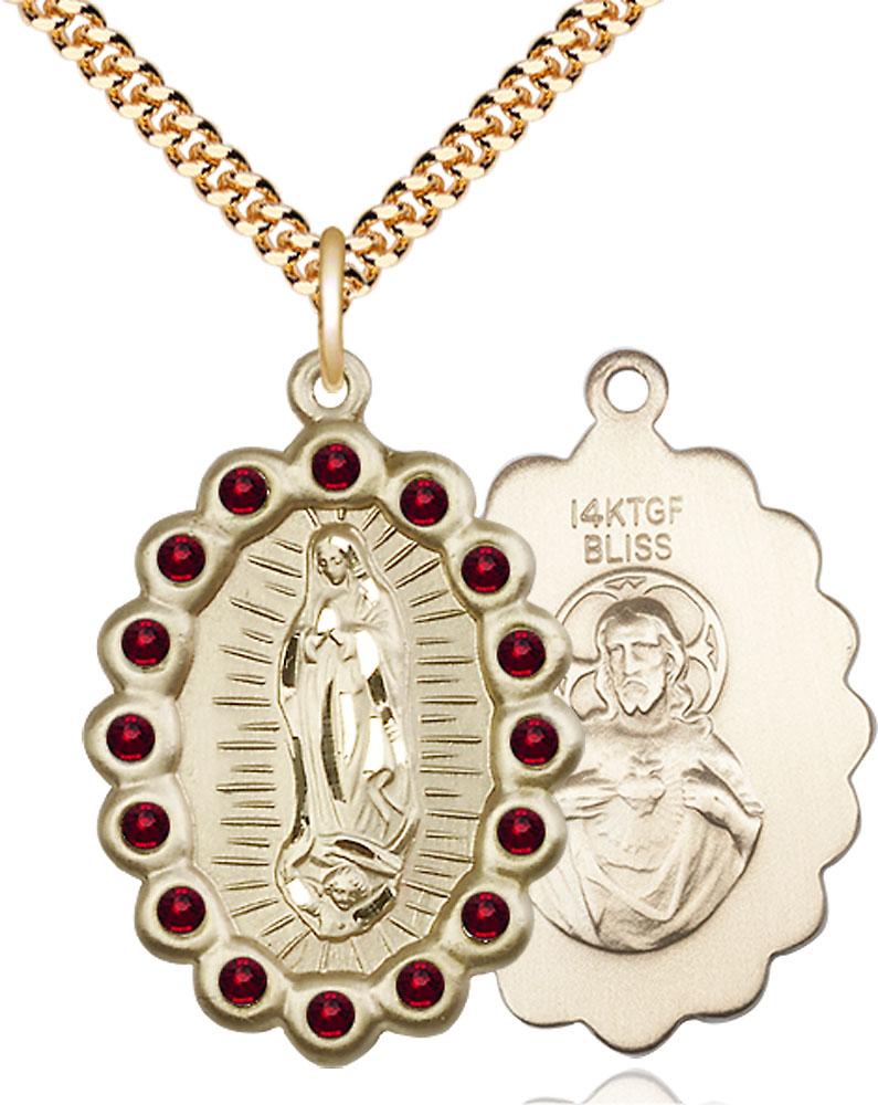 14kt Gold Filled Our Lady of Guadalupe Pendant with Garnet Swarovski stones on a 24 inch Gold Plate Heavy Curb chain