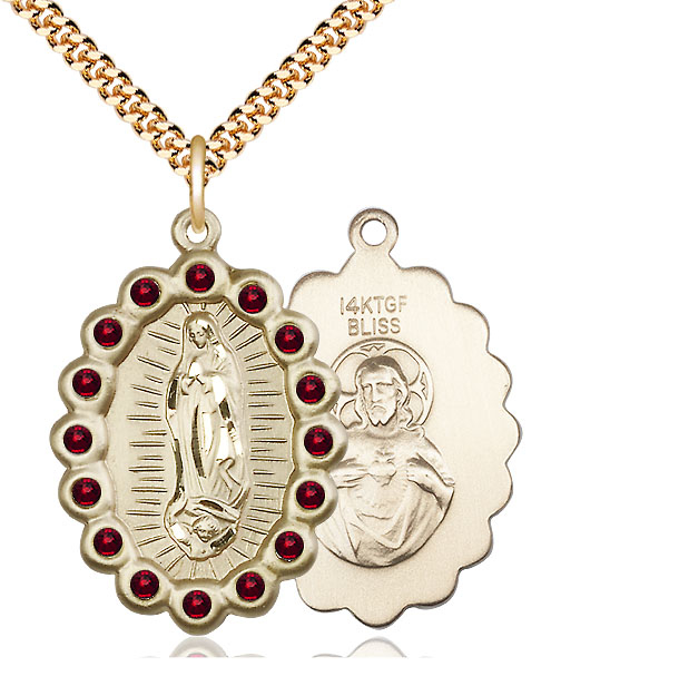 14kt Gold Filled Our Lady of Guadalupe Pendant with Garnet Swarovski stones on a 24 inch Gold Plate Heavy Curb chain