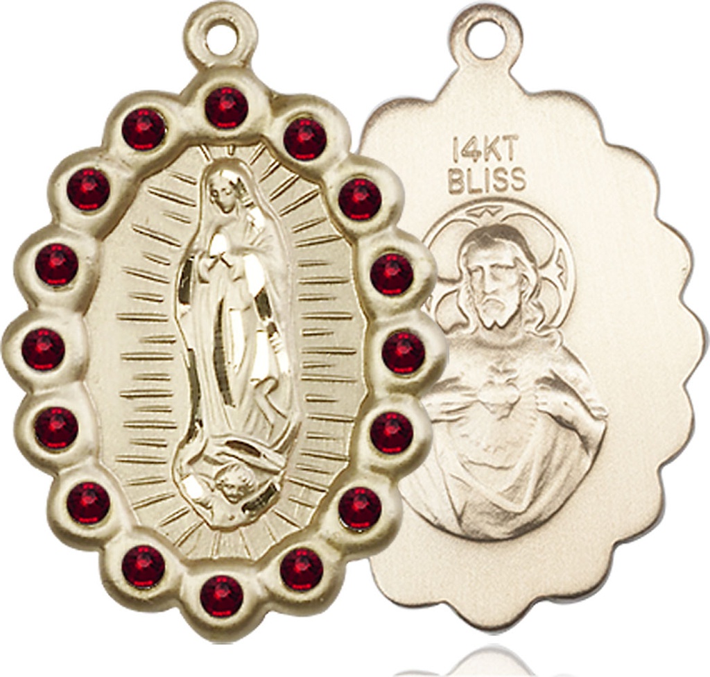 14kt Gold Our Lady of Guadalupe Medal with Garnet Swarovski stones