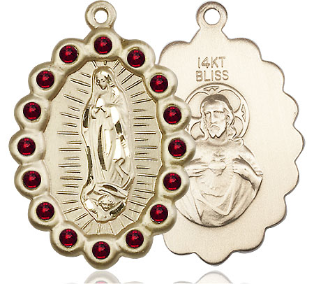 14kt Gold Our Lady of Guadalupe Medal with Garnet Swarovski stones