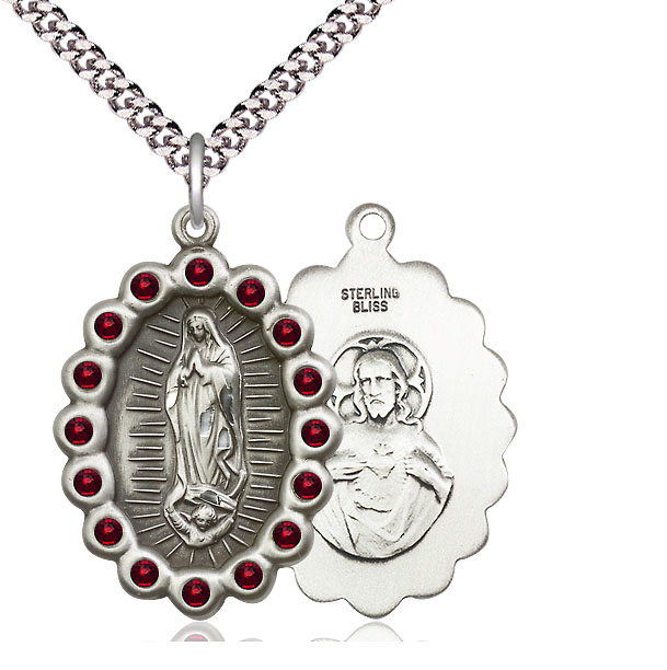 Sterling Silver Our Lady of Guadalupe Pendant with Garnet Swarovski stones on a 24 inch Light Rhodium Heavy Curb chain