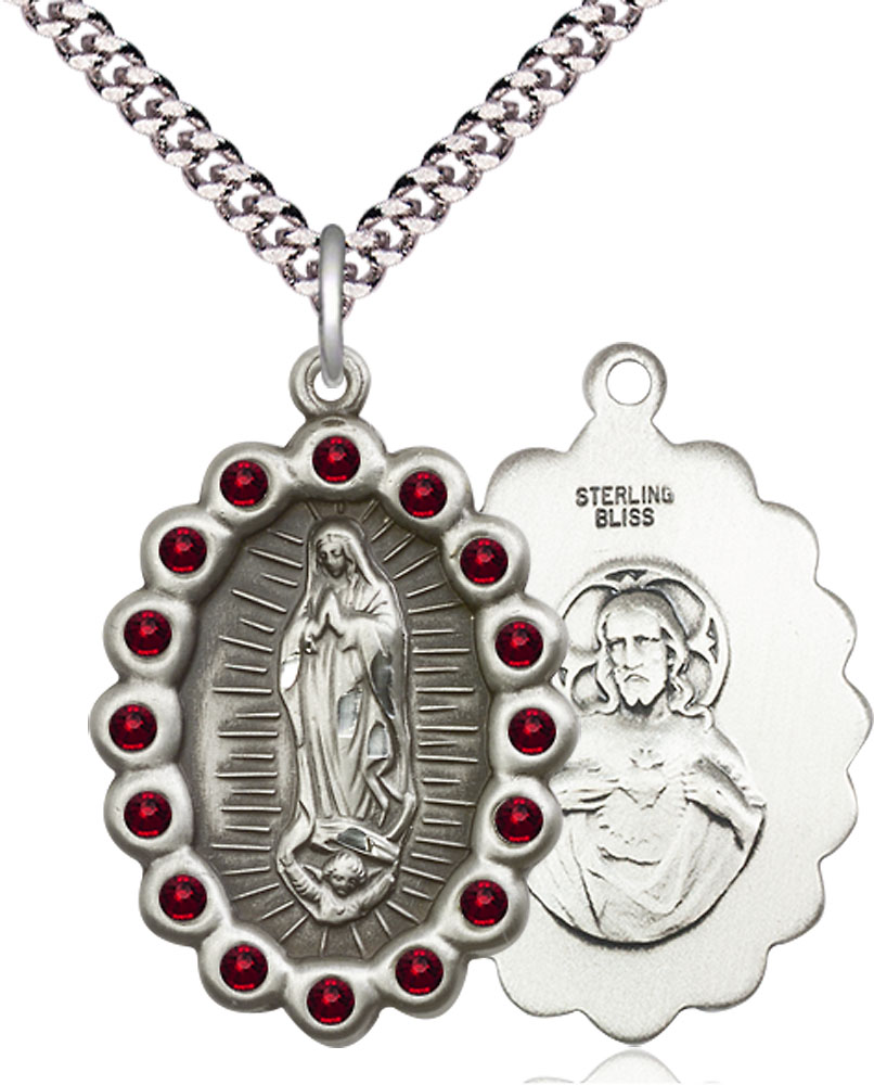 Sterling Silver Our Lady of Guadalupe Pendant with Garnet Swarovski stones on a 24 inch Light Rhodium Heavy Curb chain