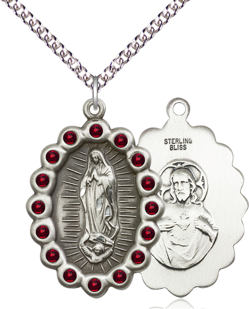 Sterling Silver Our Lady of Guadalupe Pendant with Garnet Swarovski stones on a 24 inch Sterling Silver Heavy Curb chain