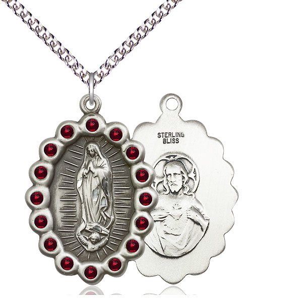 Sterling Silver Our Lady of Guadalupe Pendant with Garnet Swarovski stones on a 24 inch Sterling Silver Heavy Curb chain