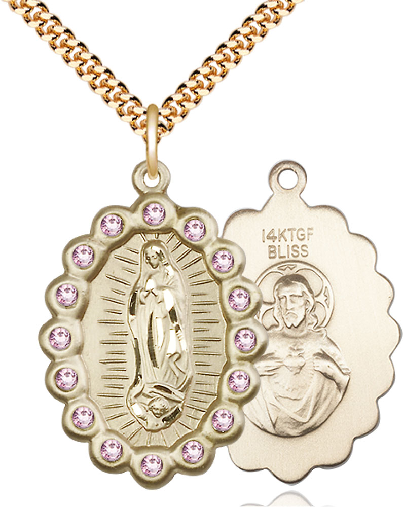 14kt Gold Filled Our Lady of Guadalupe Pendant with LA Swarovski stones on a 24 inch Gold Plate Heavy Curb chain