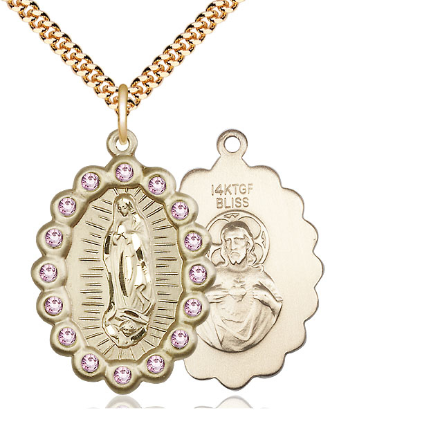 14kt Gold Filled Our Lady of Guadalupe Pendant with LA Swarovski stones on a 24 inch Gold Plate Heavy Curb chain