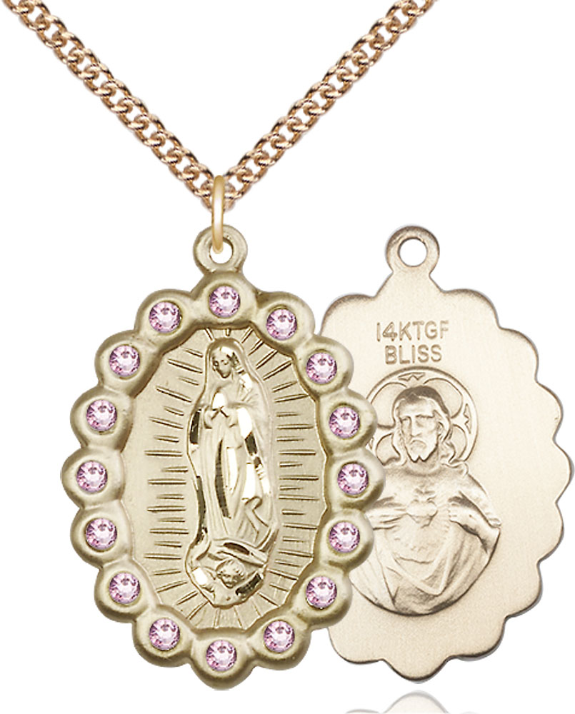 14kt Gold Filled Our Lady of Guadalupe Pendant with LA Swarovski stones on a 24 inch Gold Filled Heavy Curb chain