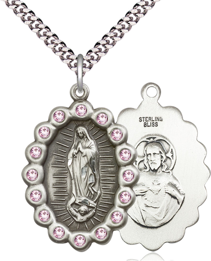 Sterling Silver Our Lady of Guadalupe Pendant with LA Swarovski stones on a 24 inch Light Rhodium Heavy Curb chain