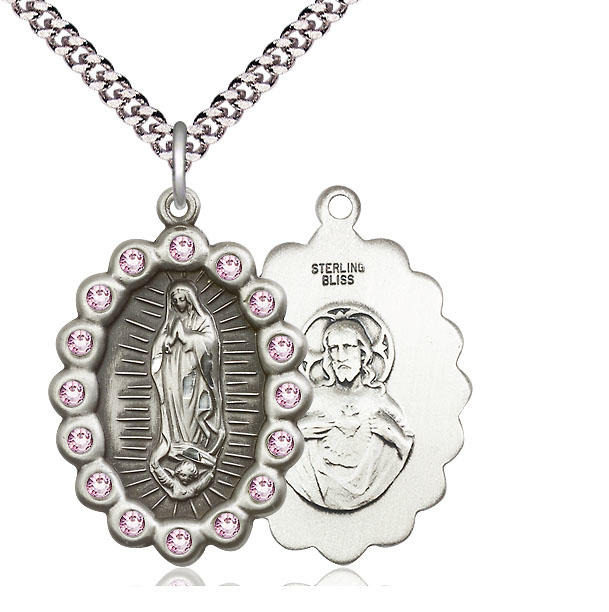 Sterling Silver Our Lady of Guadalupe Pendant with LA Swarovski stones on a 24 inch Light Rhodium Heavy Curb chain