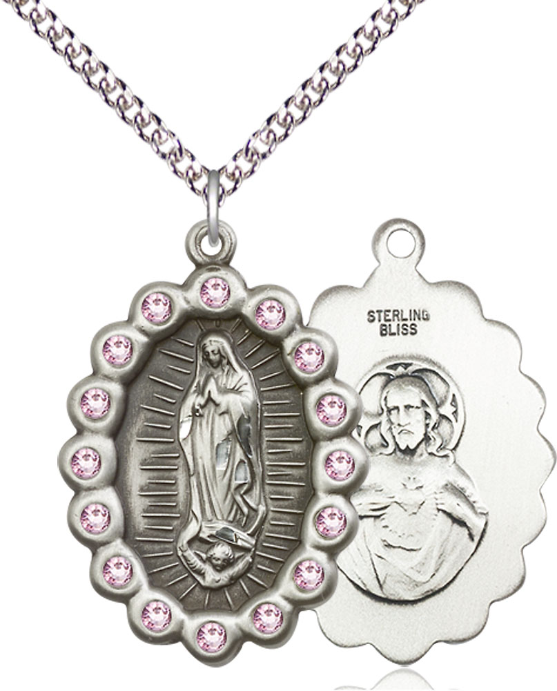 Sterling Silver Our Lady of Guadalupe Pendant with LA Swarovski stones on a 24 inch Sterling Silver Heavy Curb chain