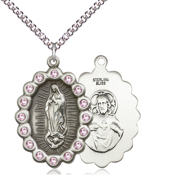 Sterling Silver Our Lady of Guadalupe Pendant with LA Swarovski stones on a 24 inch Sterling Silver Heavy Curb chain