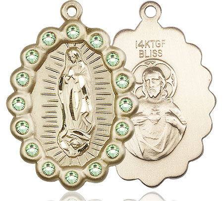 14kt Gold Filled Our Lady of Guadalupe Medal with Peridot Swarovski stones