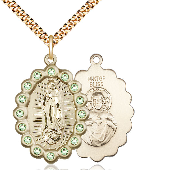 14kt Gold Filled Our Lady of Guadalupe Pendant with Peridot Swarovski stones on a 24 inch Gold Plate Heavy Curb chain
