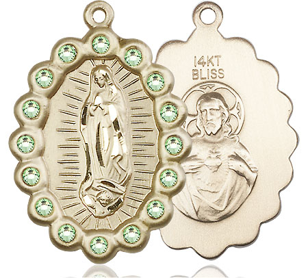 14kt Gold Our Lady of Guadalupe Medal with Peridot Swarovski stones