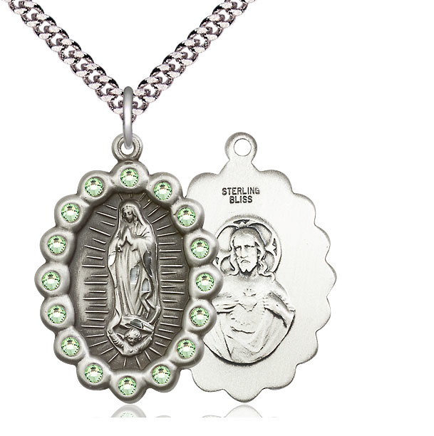 Sterling Silver Our Lady of Guadalupe Pendant with Peridot Swarovski stones on a 24 inch Light Rhodium Heavy Curb chain