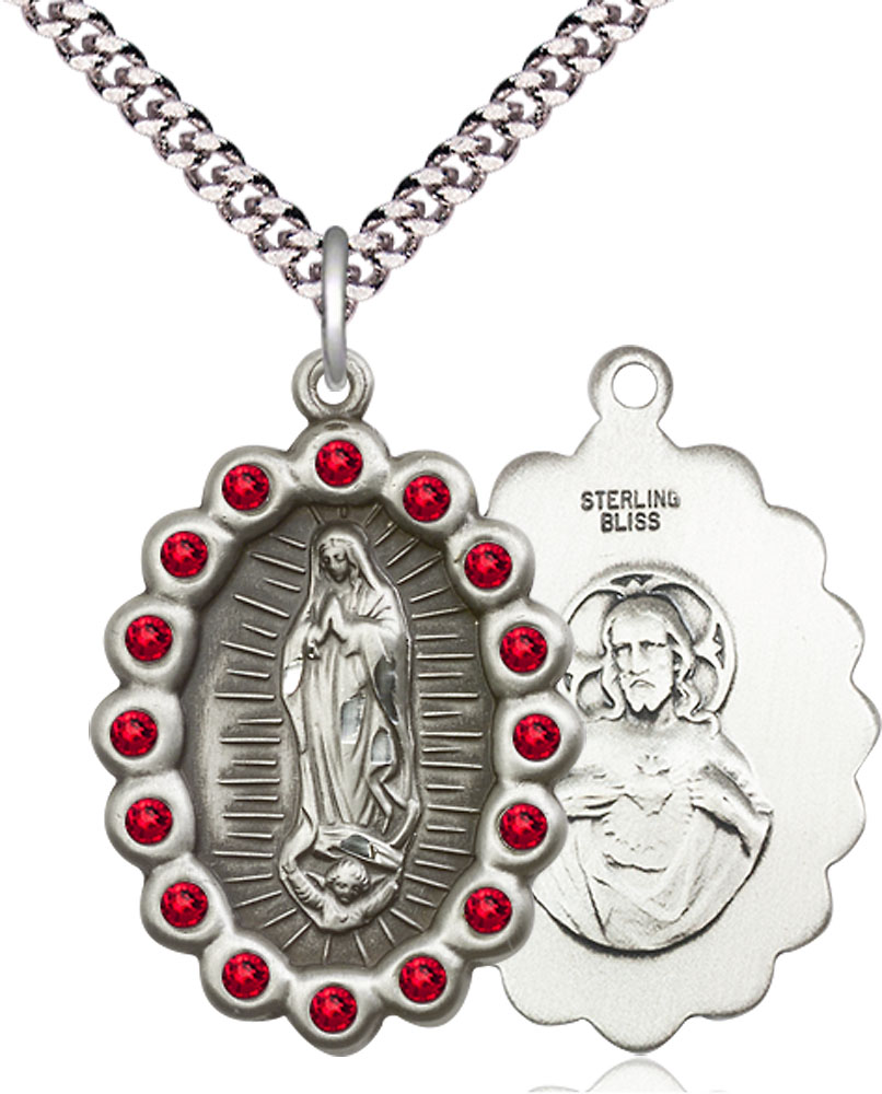 Sterling Silver Our Lady of Guadalupe Pendant with Ruby Swarovski stones on a 24 inch Light Rhodium Heavy Curb chain