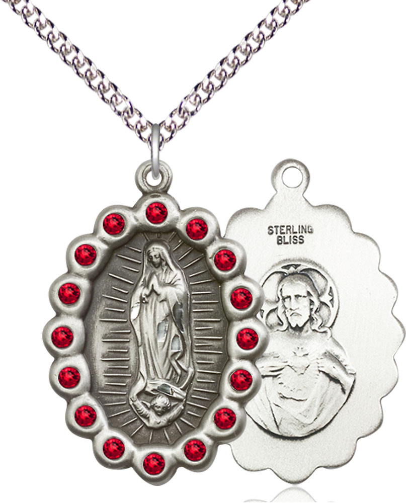 Sterling Silver Our Lady of Guadalupe Pendant with Ruby Swarovski stones on a 24 inch Sterling Silver Heavy Curb chain