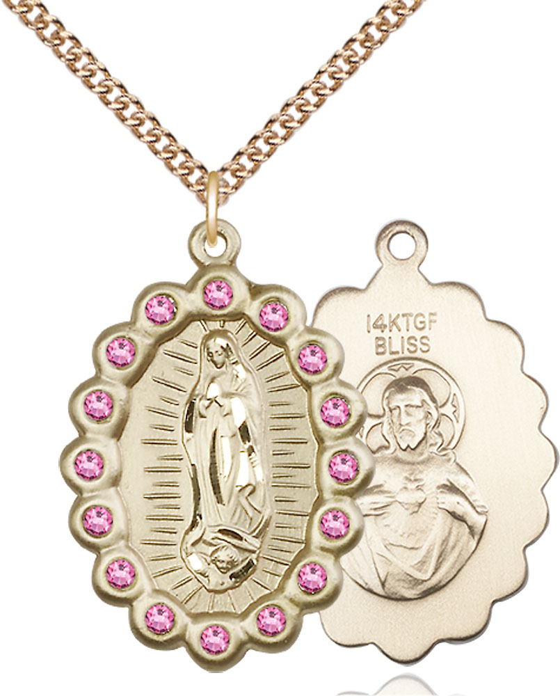 14kt Gold Filled Our Lady of Guadalupe Pendant with Rose Swarovski stones on a 24 inch Gold Filled Heavy Curb chain