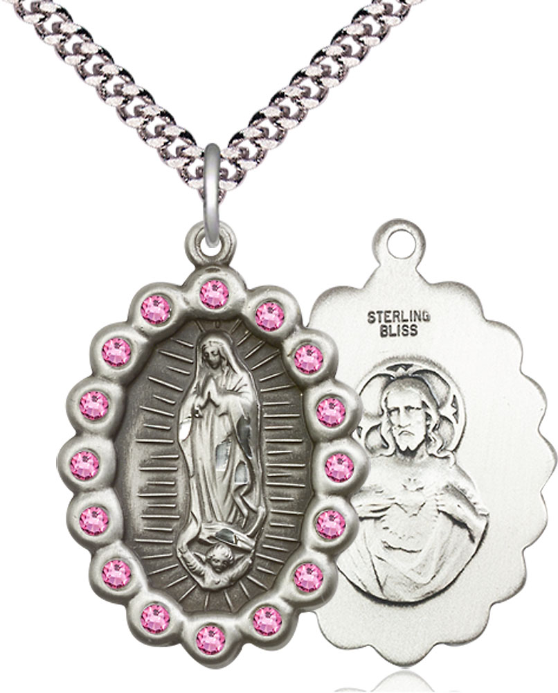 Sterling Silver Our Lady of Guadalupe Pendant with Rose Swarovski stones on a 24 inch Light Rhodium Heavy Curb chain