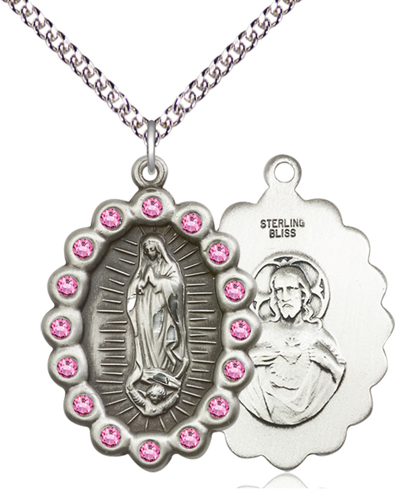 Sterling Silver Our Lady of Guadalupe Pendant with Rose Swarovski stones on a 24 inch Sterling Silver Heavy Curb chain