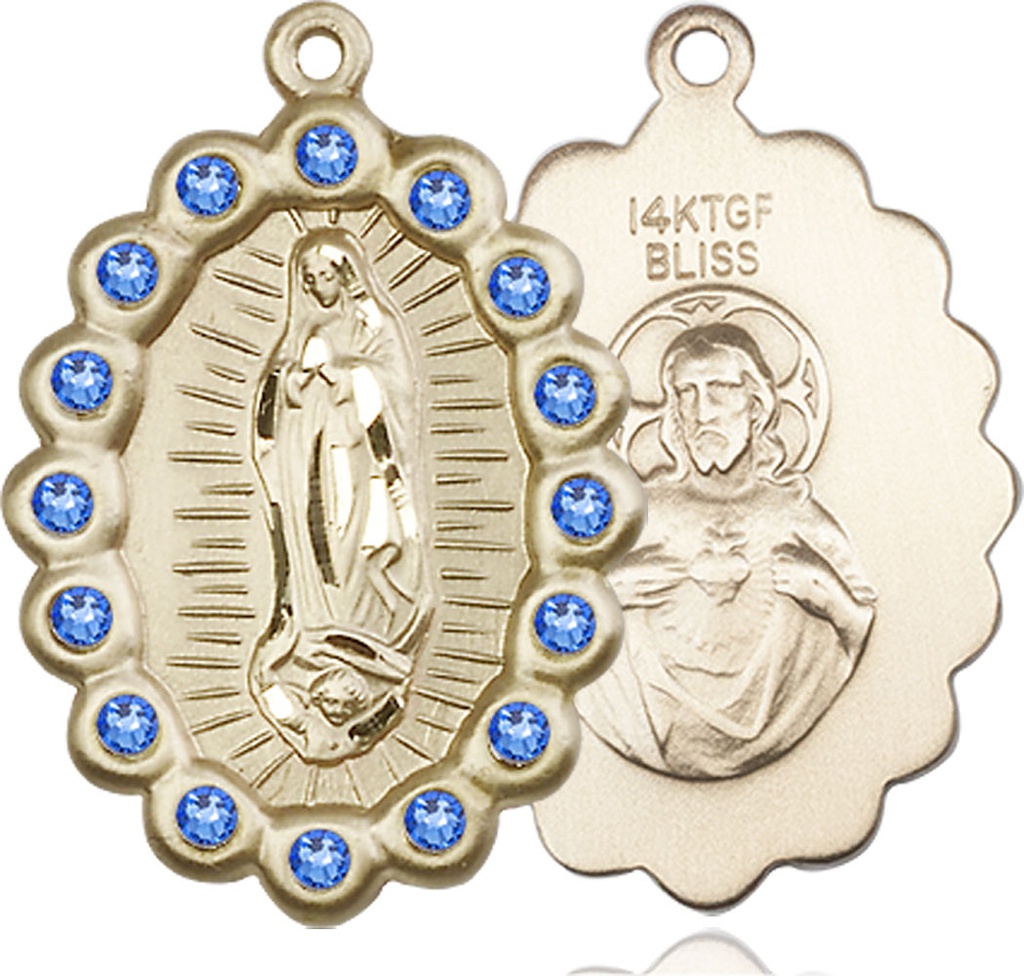 14kt Gold Filled Our Lady of Guadalupe Medal with Sapphire Swarovski stones