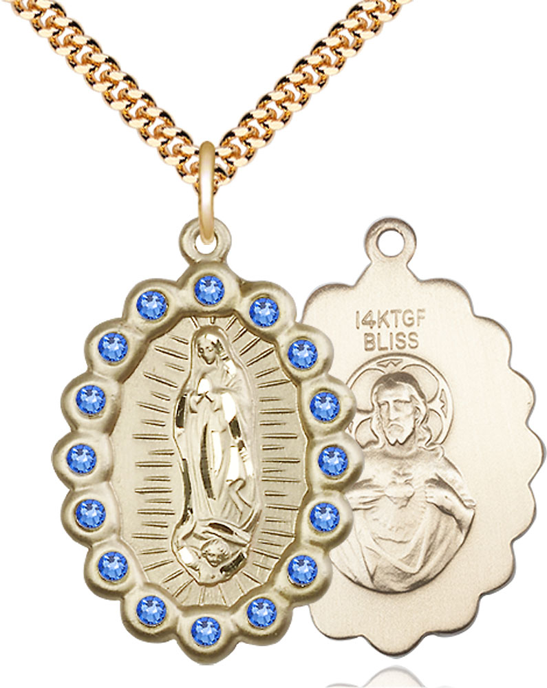 14kt Gold Filled Our Lady of Guadalupe Pendant with Sapphire Swarovski stones on a 24 inch Gold Plate Heavy Curb chain