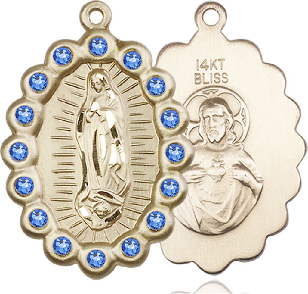 14kt Gold Our Lady of Guadalupe Medal with Sapphire Swarovski stones