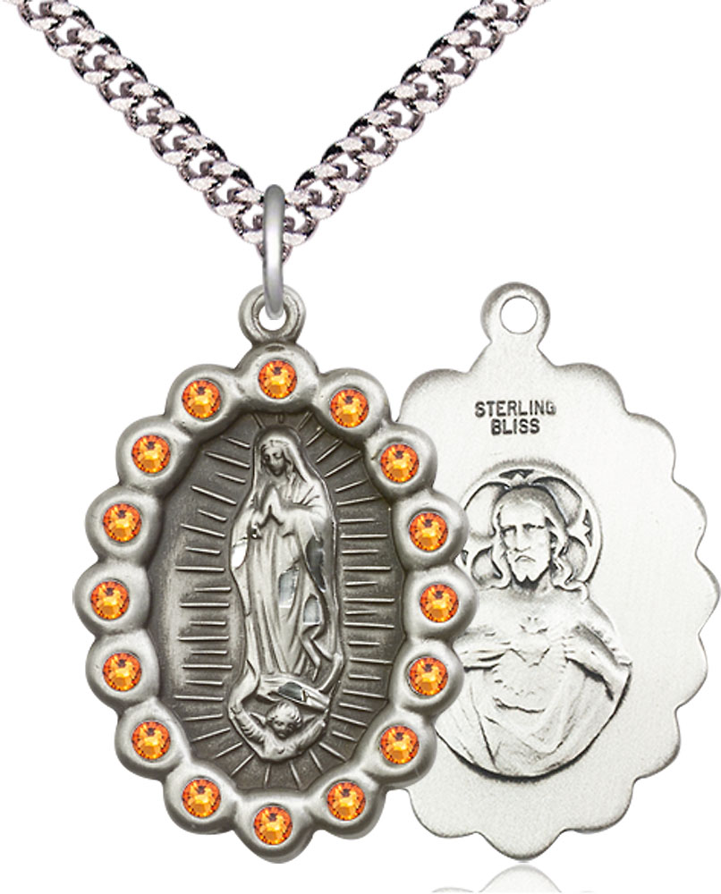 Sterling Silver Our Lady of Guadalupe Pendant with Topaz Swarovski stones on a 24 inch Light Rhodium Heavy Curb chain