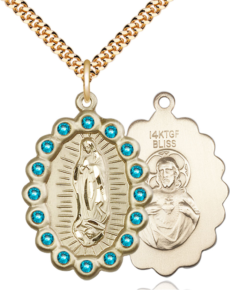 14kt Gold Filled Our Lady of Guadalupe Pendant with Zircon Swarovski stones on a 24 inch Gold Plate Heavy Curb chain