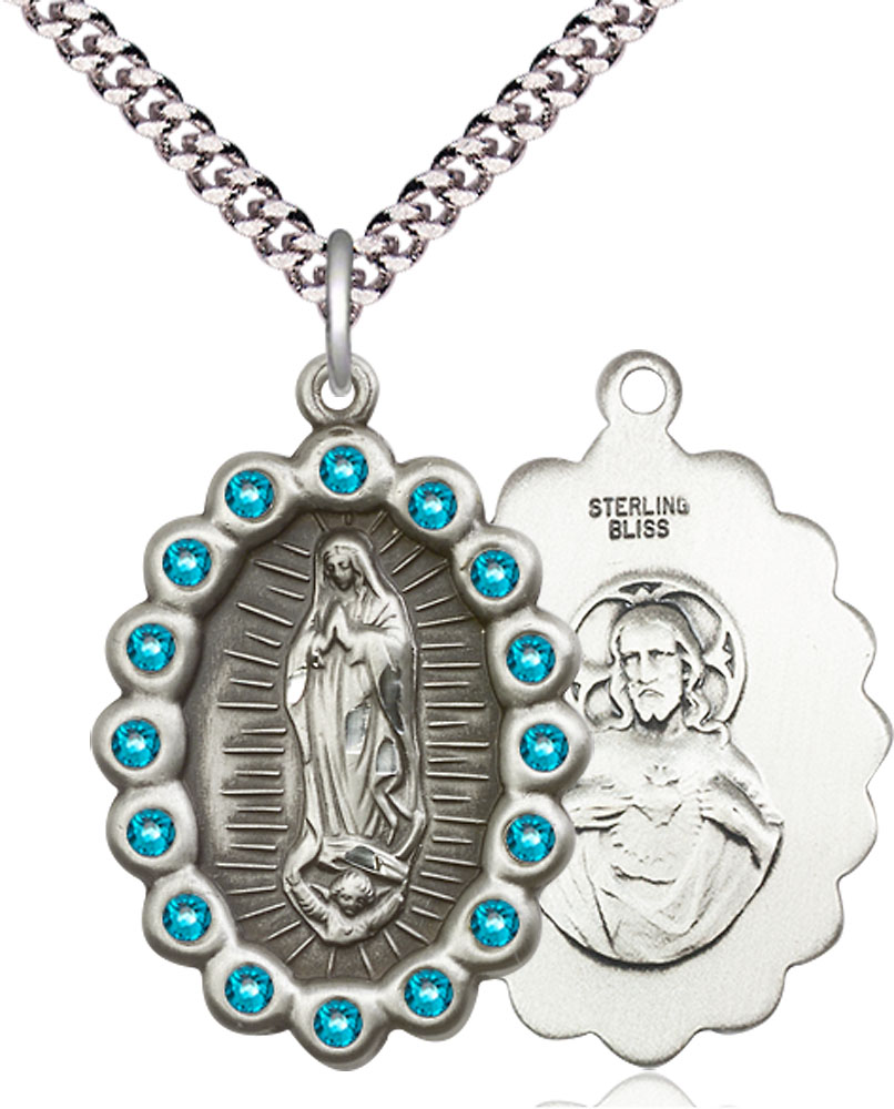 Sterling Silver Our Lady of Guadalupe Pendant with Zircon Swarovski stones on a 24 inch Light Rhodium Heavy Curb chain